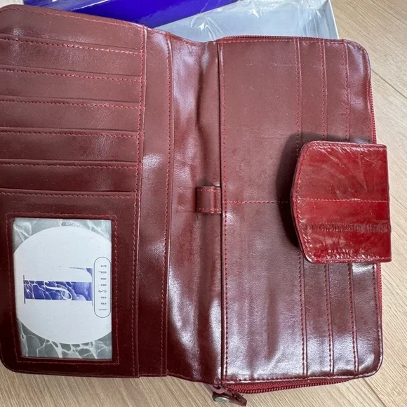 Vtg Lee Sands Burgundy Eel Skin Wallet Clutch Zipper Snap Multi Compartme - Picture 5 of 7